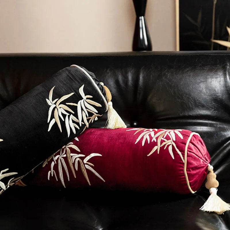 Chinoiserie Embroidery Bamboo Sofa Bolster Lumbar Pillow - SinoCultural -- SJZBZ076A