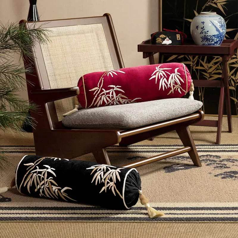 Chinoiserie Embroidery Bamboo Sofa Bolster Lumbar Pillow - SinoCultural -- SJZBZ076A