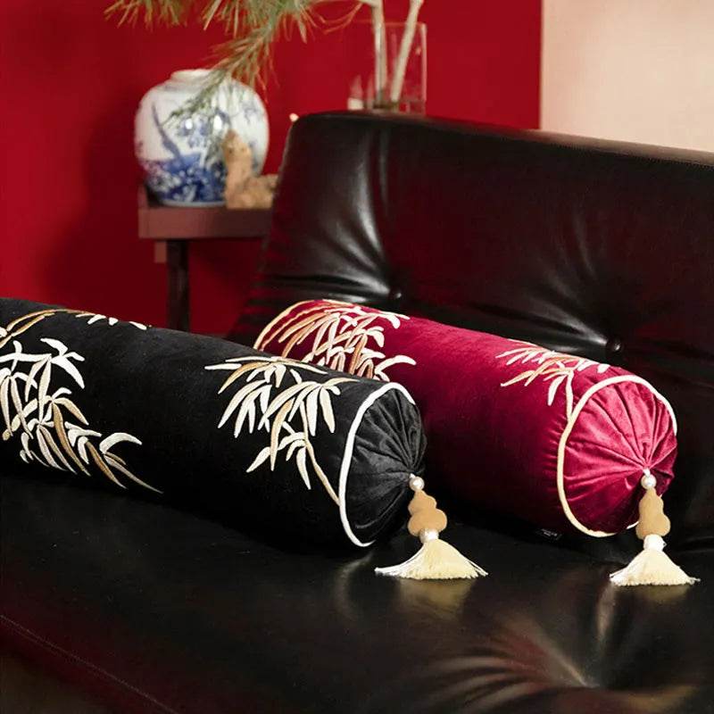 Chinoiserie Embroidery Bamboo Sofa Bolster Lumbar Pillow - SinoCultural -- SJZBZ076A