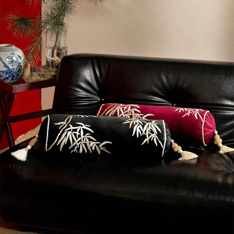 Chinoiserie Embroidery Bamboo Sofa Bolster Lumbar Pillow - SinoCultural -- SJZBZ076A