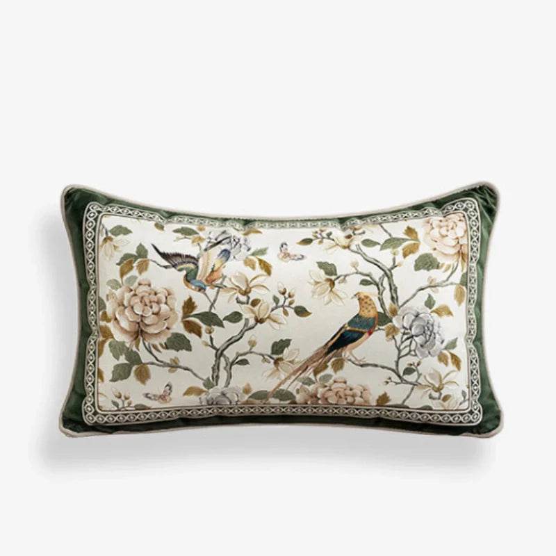 Chinoiserie Warm Spring Dark Green Flower and Birds Lumbar Pillow - SinoCultural -- WP012A01