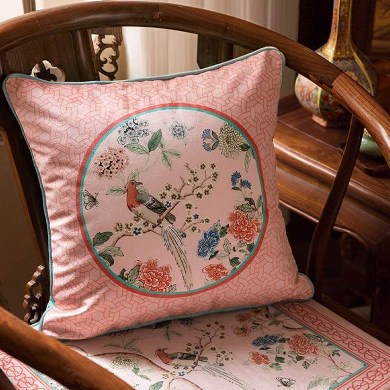 Chinoiserie Spring Powder Pink High-end Wooden Chair Cushion - SinoCultural -- SC005A38 -