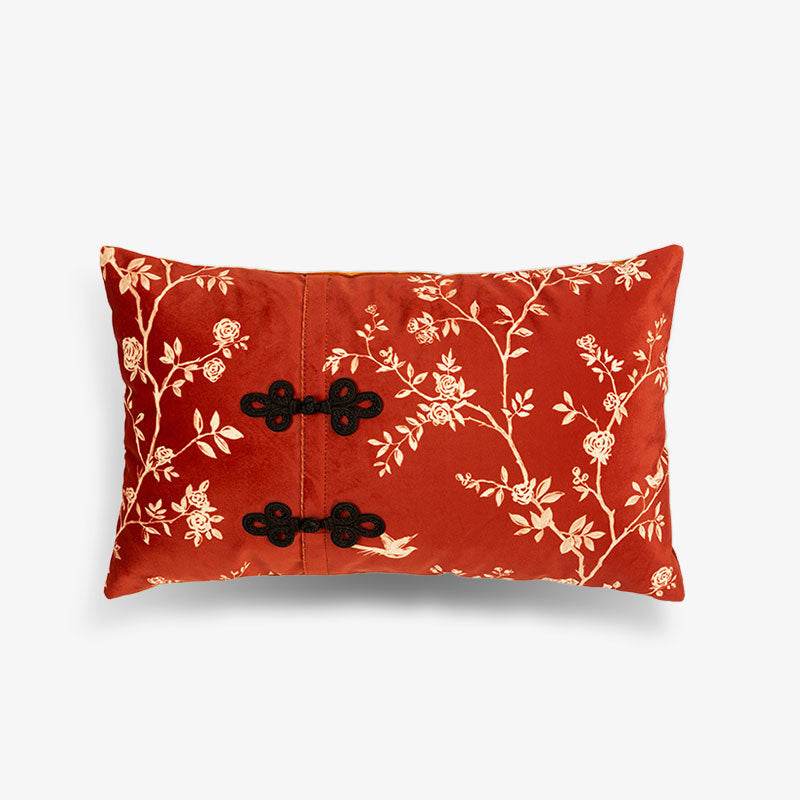 Chinoiserie Rose Moonlight Chinese Red Festival Lumbar Pillow - SinoCultural -- WP014A01