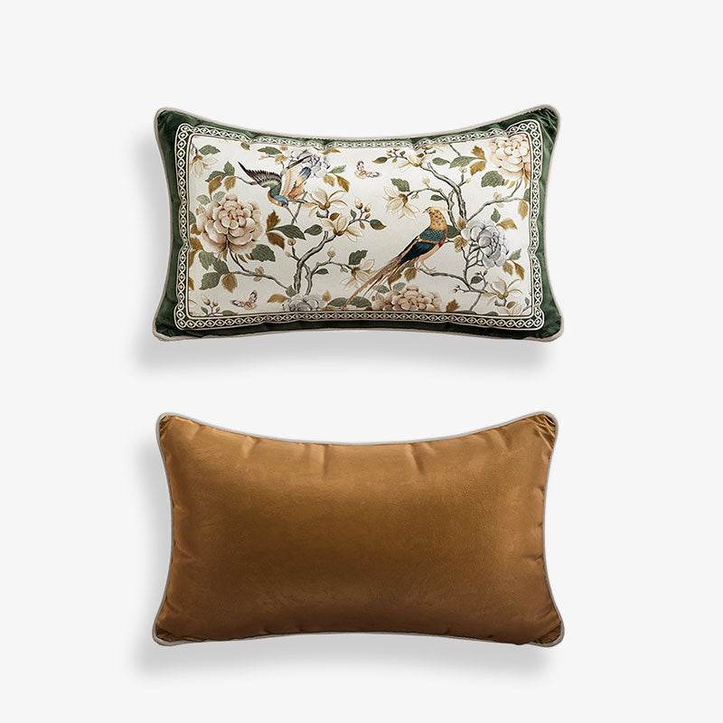 Chinoiserie Warm Spring Dark Green Flower and Birds Lumbar Pillow - SinoCultural -- WP012A01