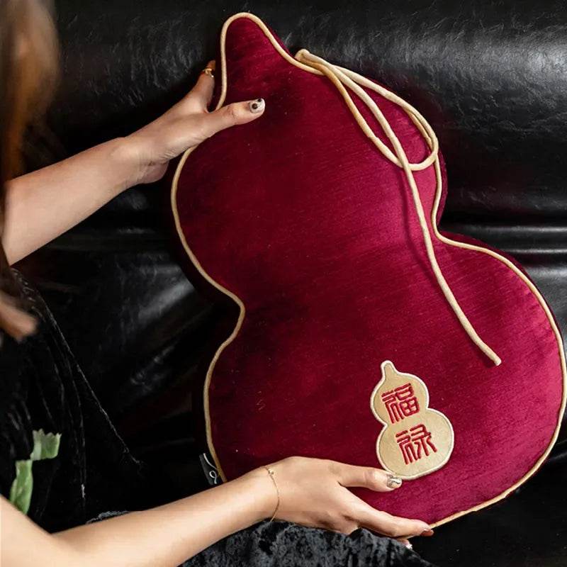 Chinoiserie Embroidery Red Blessing Gourd Shape Pillow Cushion - SinoCultural -- SJZBZ075A -