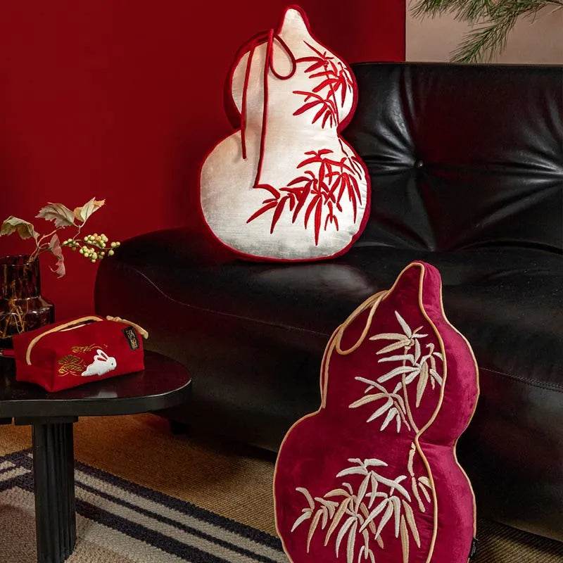 Chinoiserie Embroidery Red Blessing Gourd Shape Pillow Cushion - SinoCultural -- SJZBZ075A -