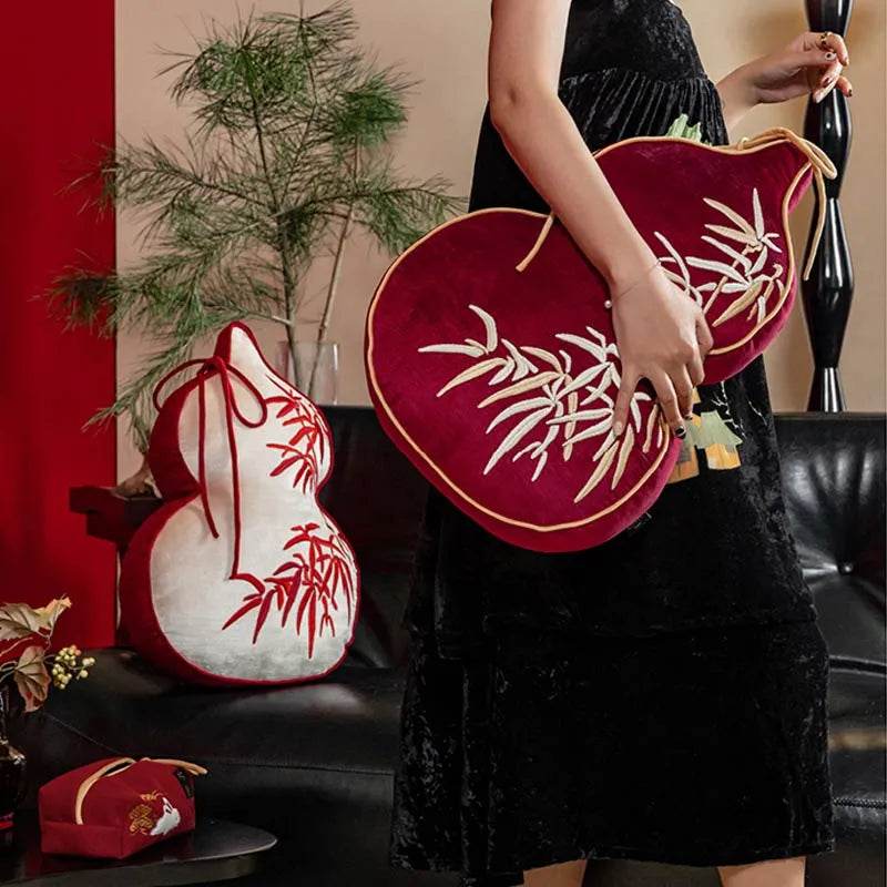 Chinoiserie Embroidery Red Blessing Gourd Shape Pillow Cushion - SinoCultural -- SJZBZ075A