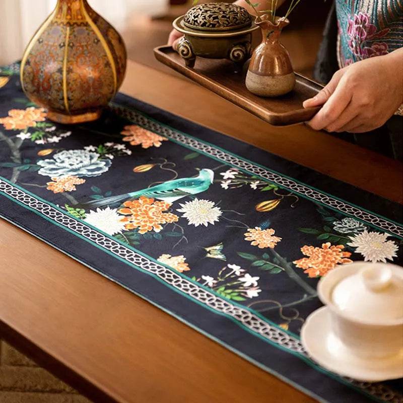 Chinoiserie Luxury Long Rectangular Black Floral Table Runner - SinoCultural -- TR026A160 -
