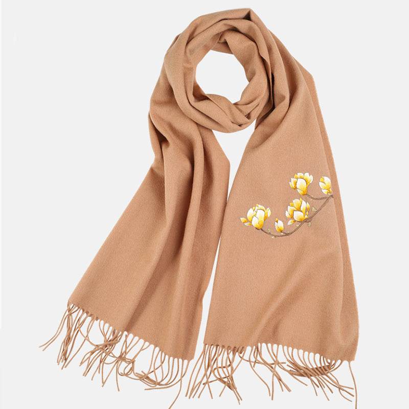 Handmade Suzhou Embroidery Wool Cashmere Scarf with Magnolia Flower 200x38cm - SinoCultural -- HYFSJ057-2