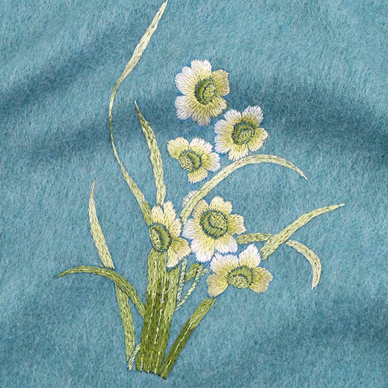 Handmade Suzhou Embroidery Wool Cashmere Scarf with Narcissus Flower 200x38cm - SinoCultural -- HYFSJ058-4