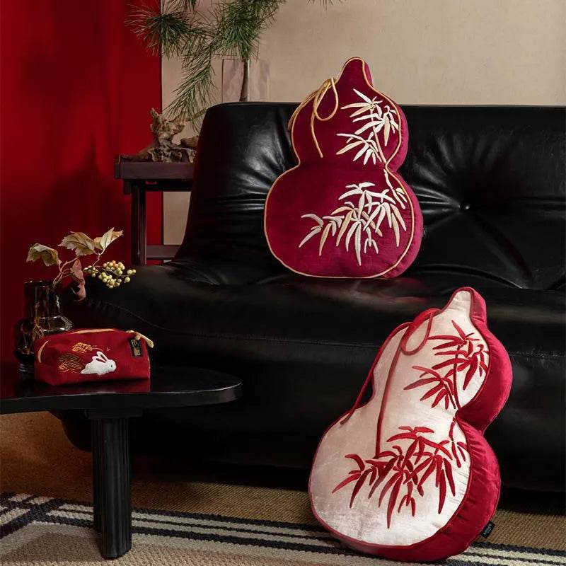 Chinoiserie Embroidery Red Blessing Gourd Shape Pillow Cushion - SinoCultural -- SJZBZ075A -