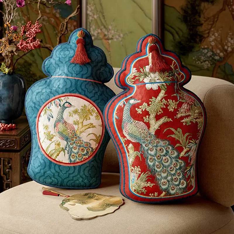 Chinoiserie Original Luxurious Vase-Shaped Peacock Lumbar Pillow - SinoCultural -- SJZBZ064A01