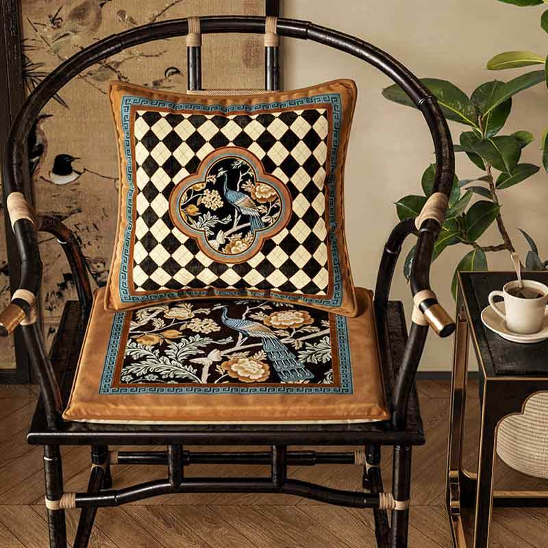 Chinoiserie Vintage Luxury Peacock Pattern Short Plush Chair Cushion - SinoCultural -- SC023A38