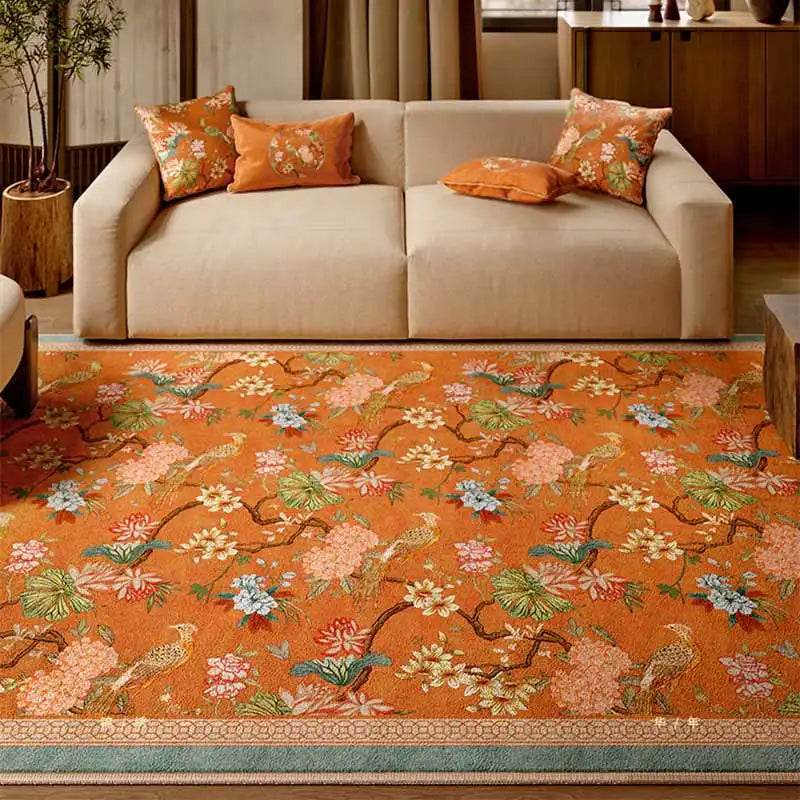 Chinoiserie Luxury Orange Natural Cotton Living Room Rug - SinoCultural -- LZ004A140