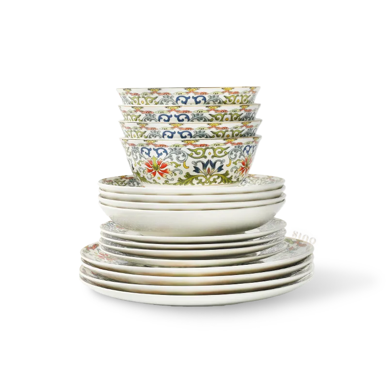 16-piece bone china casual dinnerware set: four 10" plates, four 8" plates, four meal plates, four 6" footed bowls stacked on white.