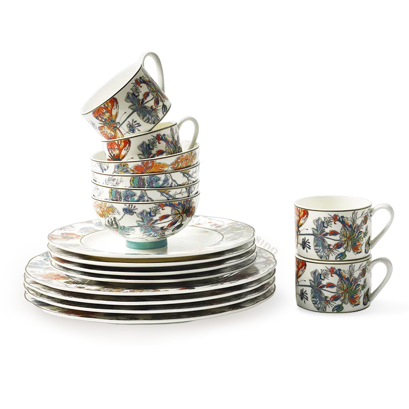 16-piece Chinoiserie bone china dining set: 8 plates, 4 bowls, 4 cups.