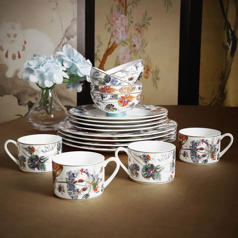 Grand presentation: stacked plates, bowls and coordinated cups.