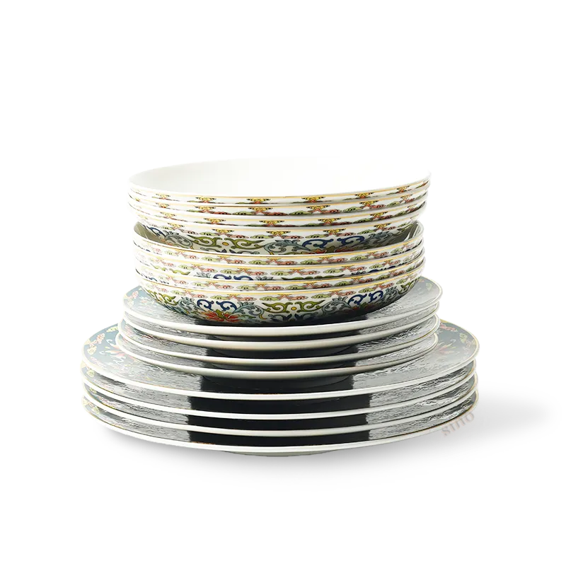 16-piece bone china dinnerware set: four 11" plates, four 9" plates, four soup plates, four shallow bowls stacked on white background.