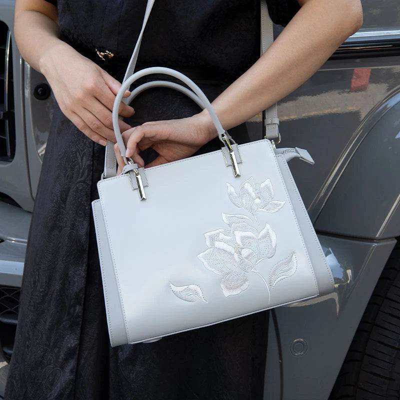 Embroidery Leather Magnolia Crossbody Tote Bag Women Handbag - SinoCultural -- P120335-2