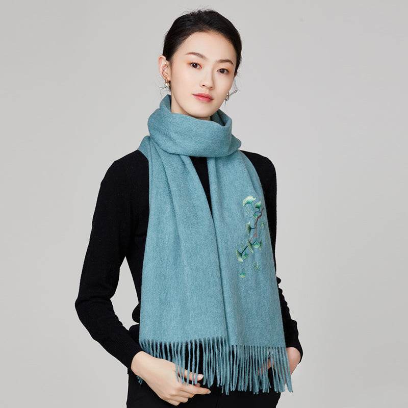 Handmade Suzhou Embroidery Wool Cashmere Scarf Shawl for Women 200x38cm - SinoCultural -- HYFSJ055-3