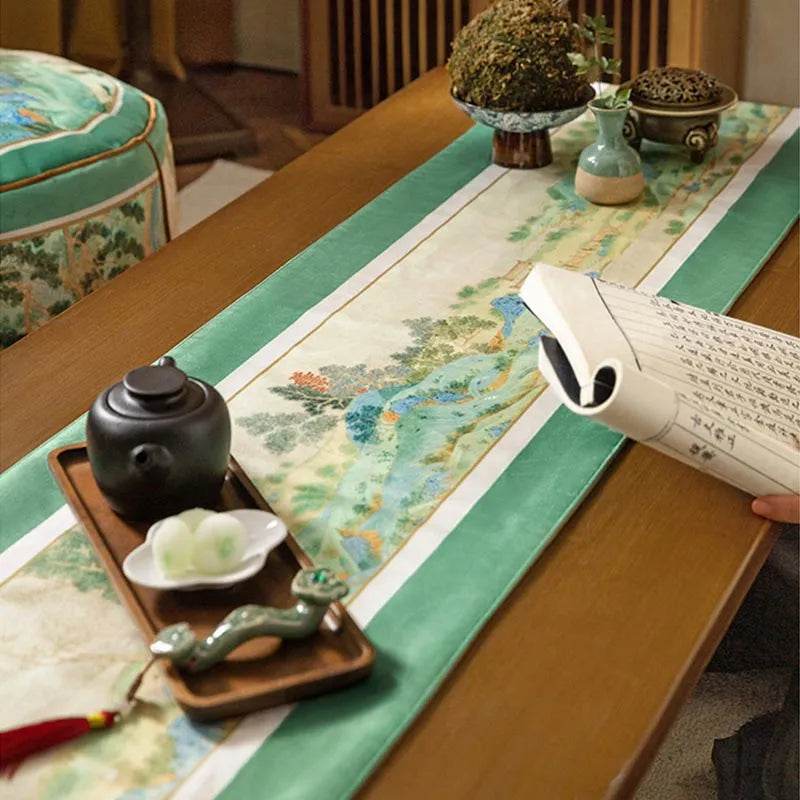 Chinoiserie Elegant Green Mountain Tea Table Runner - SinoCultural -- TR029A160 -