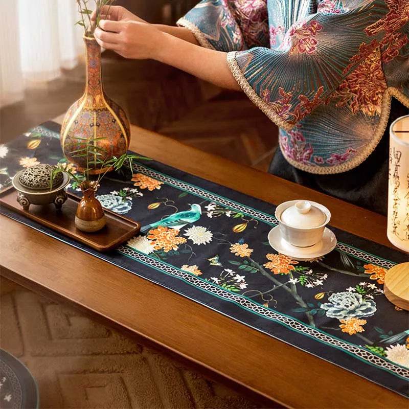 Chinoiserie Luxury Long Rectangular Black Floral Table Runner - SinoCultural -- TR026A160 -