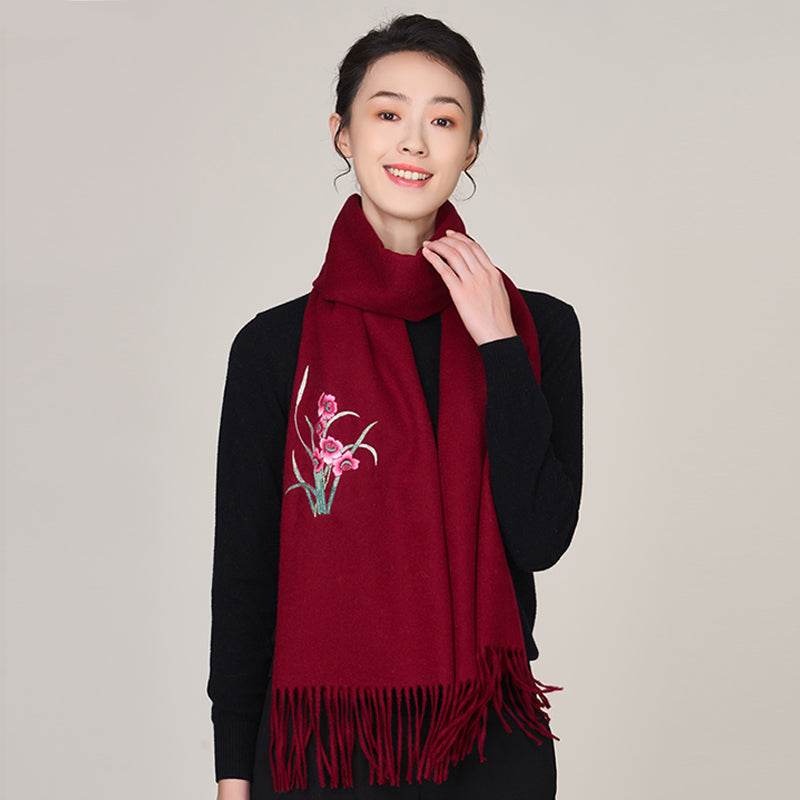 Handmade Suzhou Embroidery Wool Cashmere Scarf with Narcissus Flower 200x38cm - SinoCultural -- HYFSJ058-4