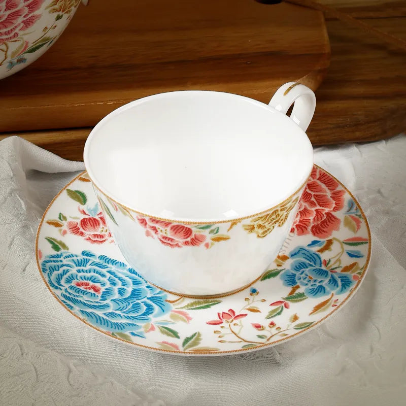 Angled view of tea cup on saucer showing interior and texture.