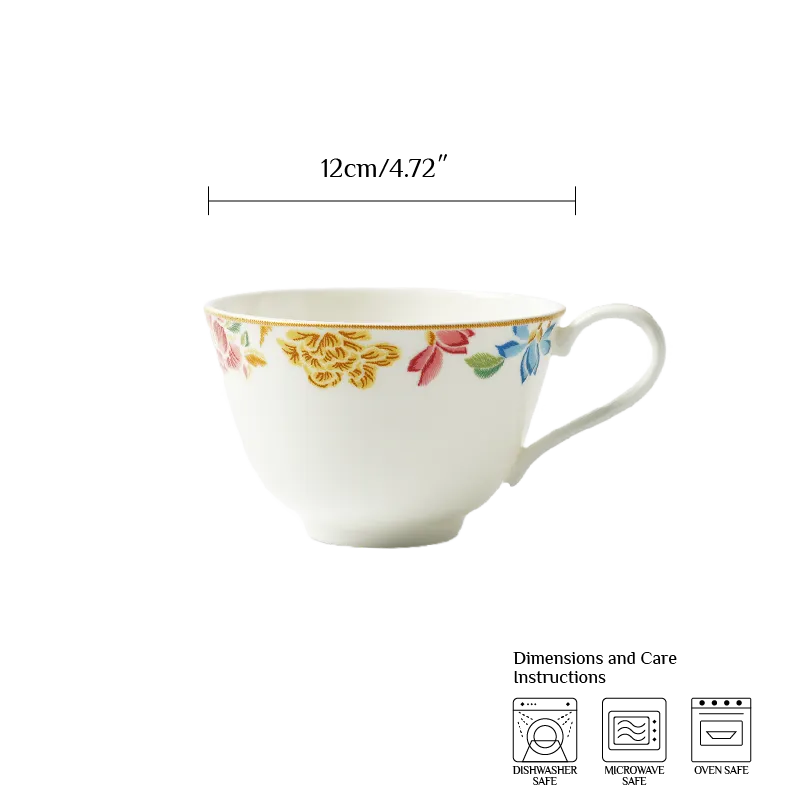 180 mL Chinoiserie bone china tea cup with size guide.