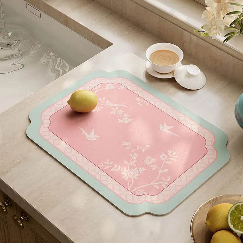 Chinoiserie Powder Pink Kitchen Countertop Drying Mat Dining Mat - SinoCultural -- TMO51A30 -