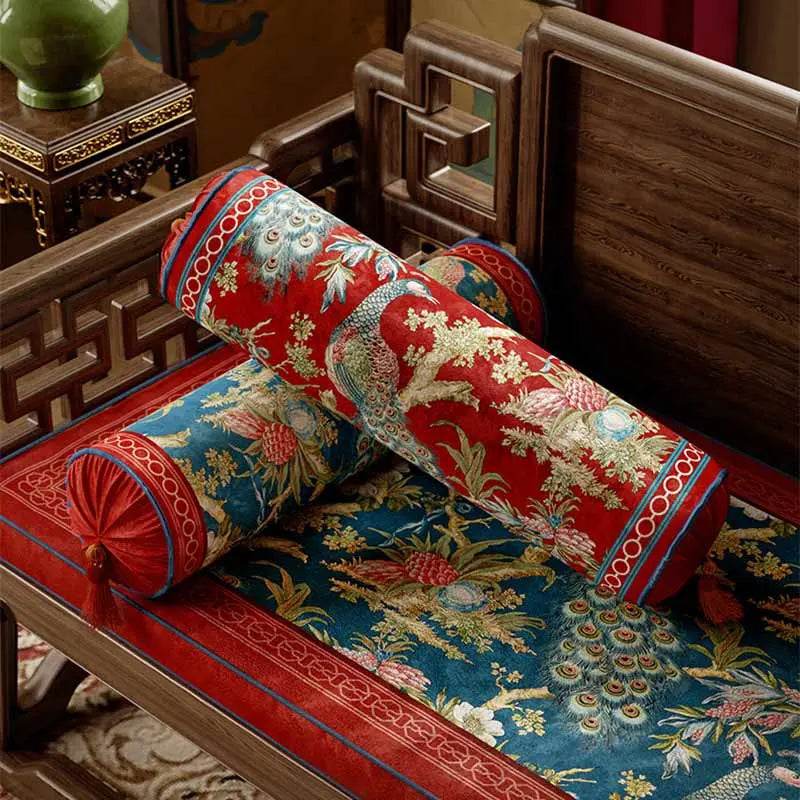 Chinoiserie Original Luxurious Vase-Shaped Peacock Lumbar Pillow - SinoCultural -- SJZBZ064A01