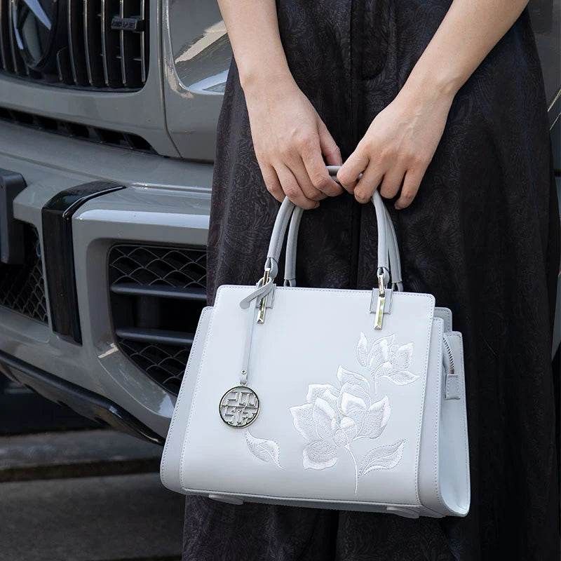 Embroidery Leather Magnolia Crossbody Tote Bag Women Handbag - SinoCultural -- P120335-2