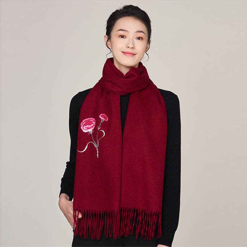 Handmade Suzhou Embroidery Wool Cashmere Scarf Shawl for Women 200x38cm - SinoCultural -- HYFSJ056-1