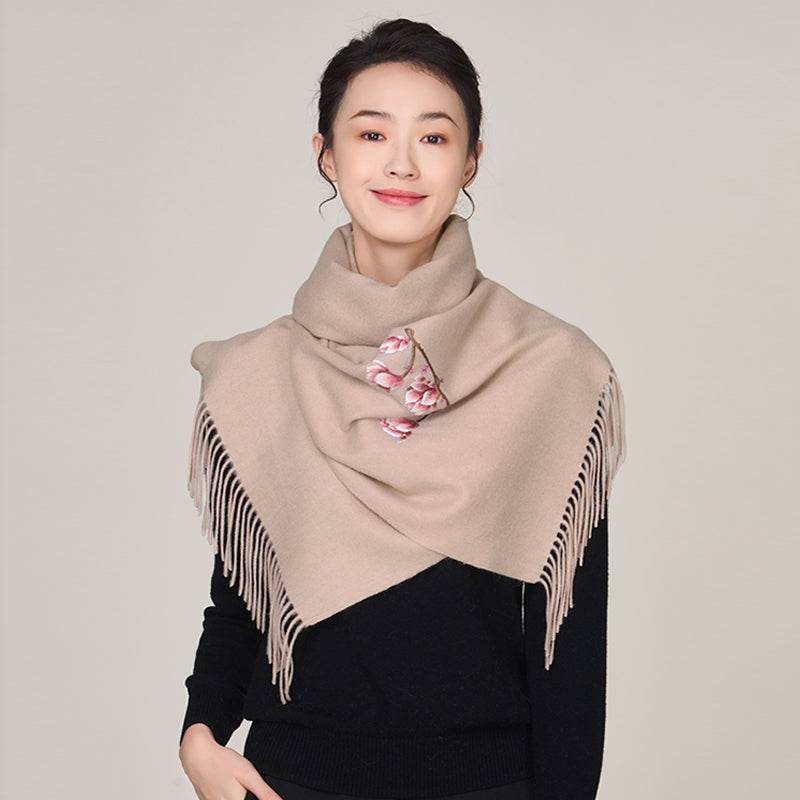 Handmade Suzhou Embroidery Wool Cashmere Scarf with Magnolia Flower 200x38cm - SinoCultural -- HYFSJ057-2