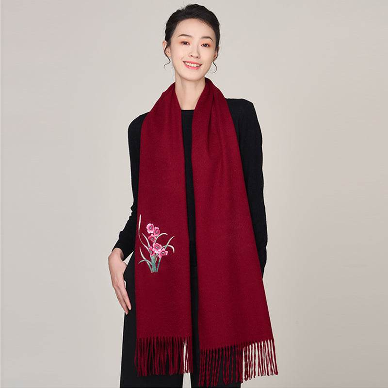 Handmade Suzhou Embroidery Wool Cashmere Scarf with Narcissus Flower 200x38cm - SinoCultural -- HYFSJ058-4