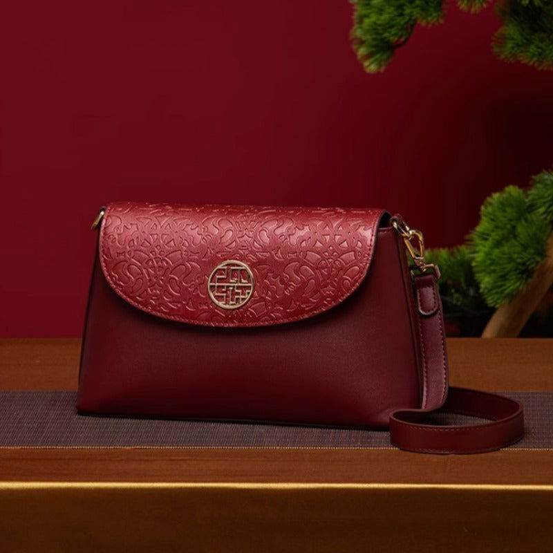 Embossing Leather Red Shoulder Bag Wedding Handbag - SinoCultural -- P240042R