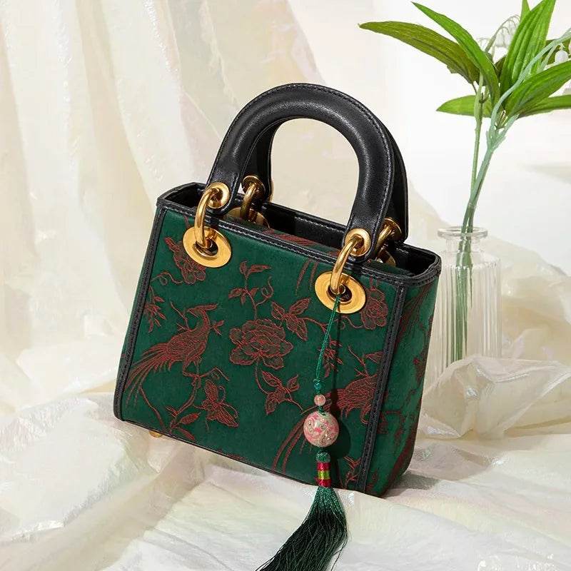 Xiangyunsha Silk Green Retro Cowhide Handbag with Pendant - SinoCultural -- KM-0126-S3