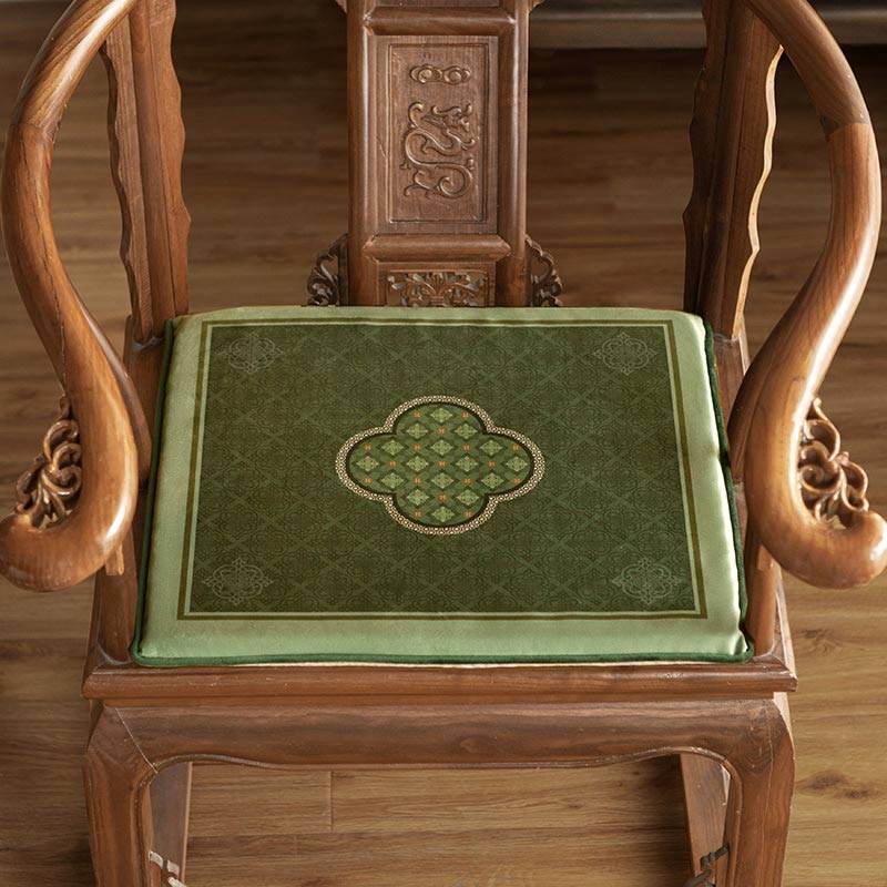 Chinoiserie Dark Green Vintage Short Plush Chair Cushion - SinoCultural -- SC001A38 -