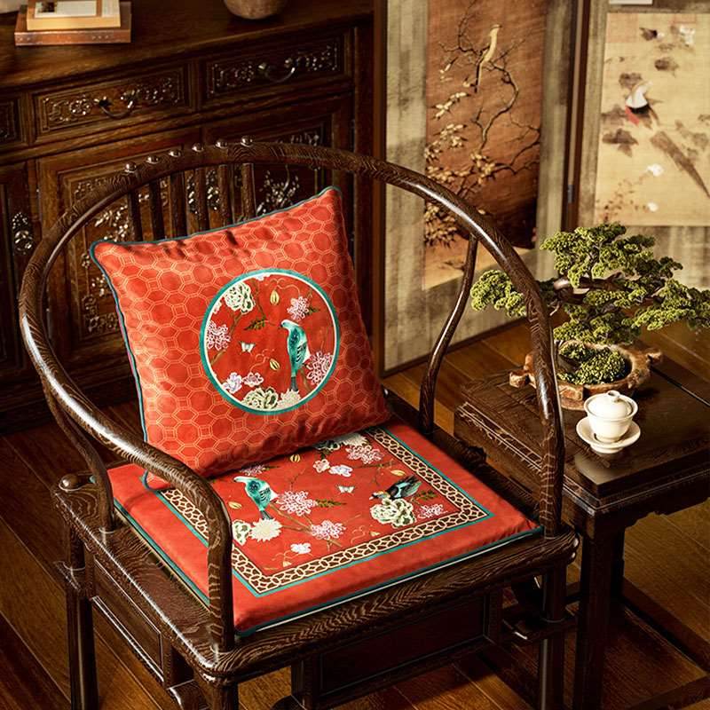 Chinoiserie Palace Red Glaze Festive Wooden Chair Cushion - SinoCultural -- SC008A38 -