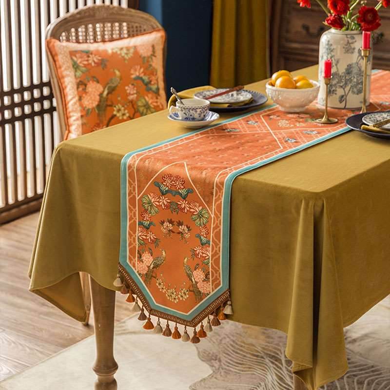 Chinoiserie Orange Mountain Hydrangea Table Runner - SinoCultural -- TR005Y160 -