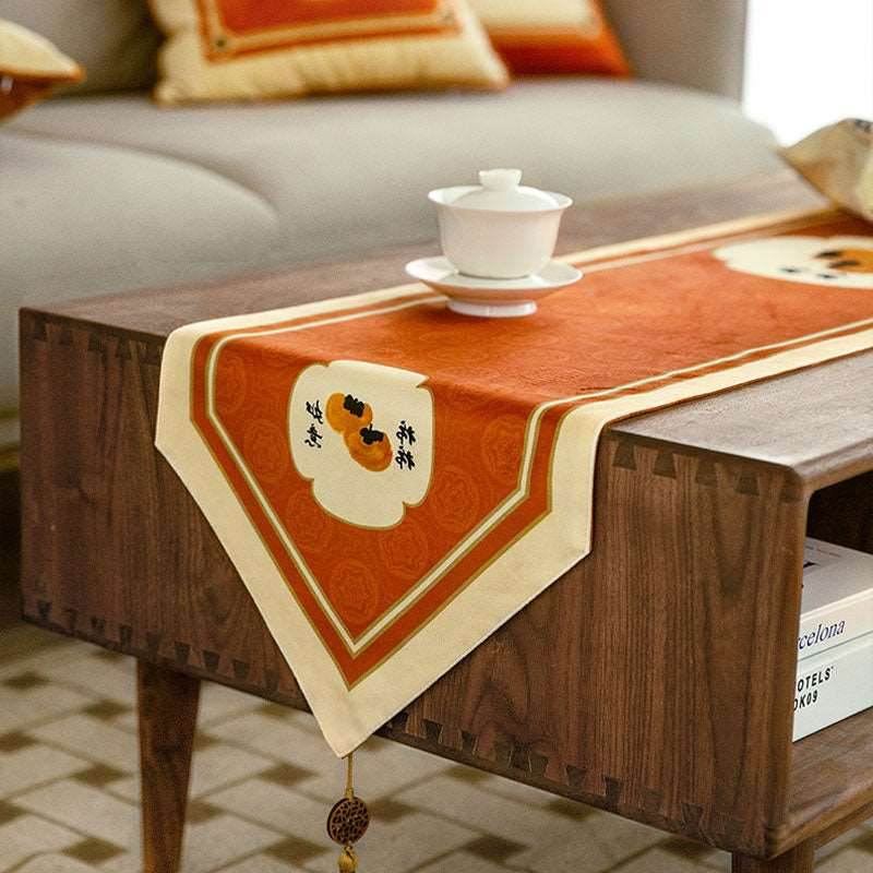 Chinoiserie Orange Table Runner Persimmons Blessings - SinoCultural -- TR007A160