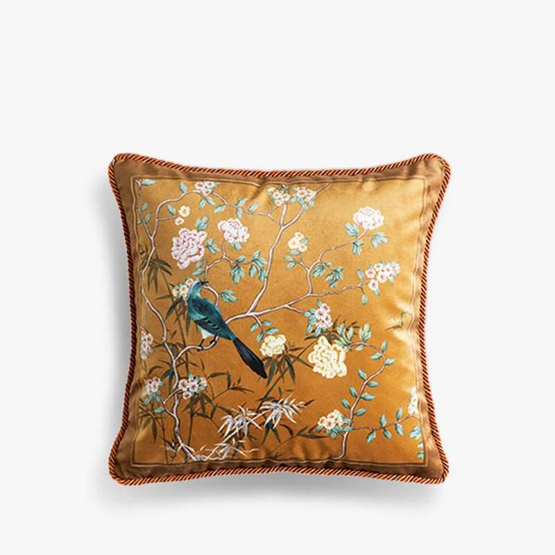 Chinoiserie Original Brown Flowers and Birds Throw Pillow Golden Reverie - SinoCultural -- SJZB040A01 -