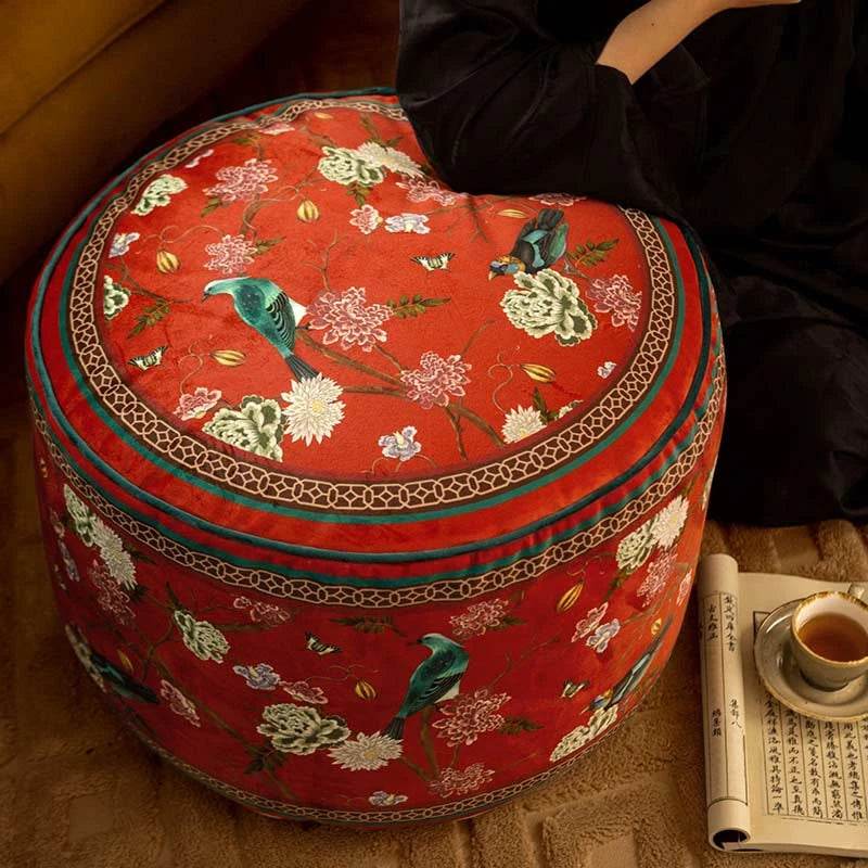 Chinoiserie Plush Joyful Red Sofa Ottoman Pouf - SinoCultural -- B48J0010-C