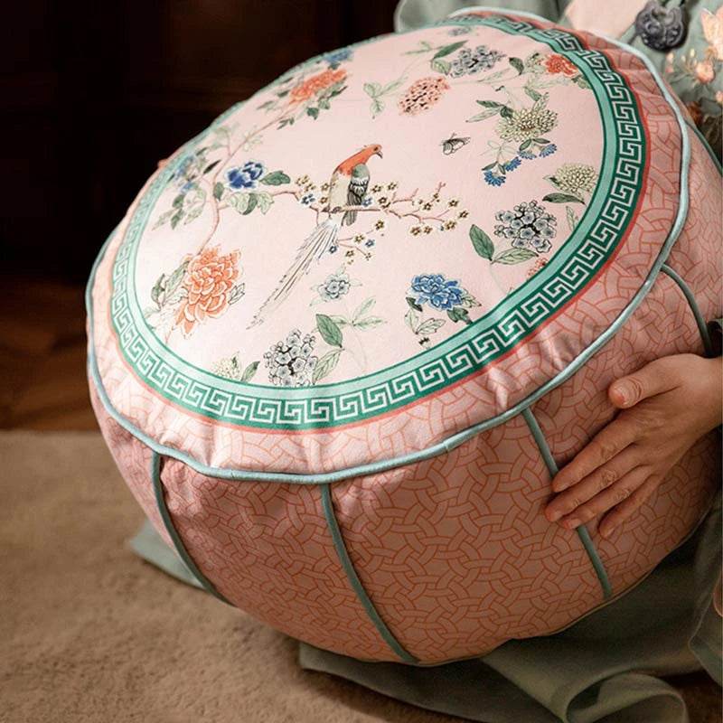 Chinoiserie Plush Powder Pink Flower Living Room Rest Pouf - SinoCultural -- B48J0015-C