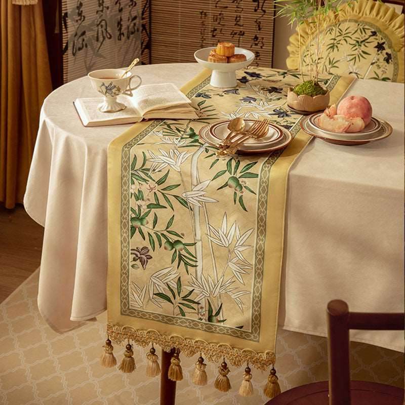 Chinoiserie Traditional Autumn Orchids Yellow Table Runner - SinoCultural