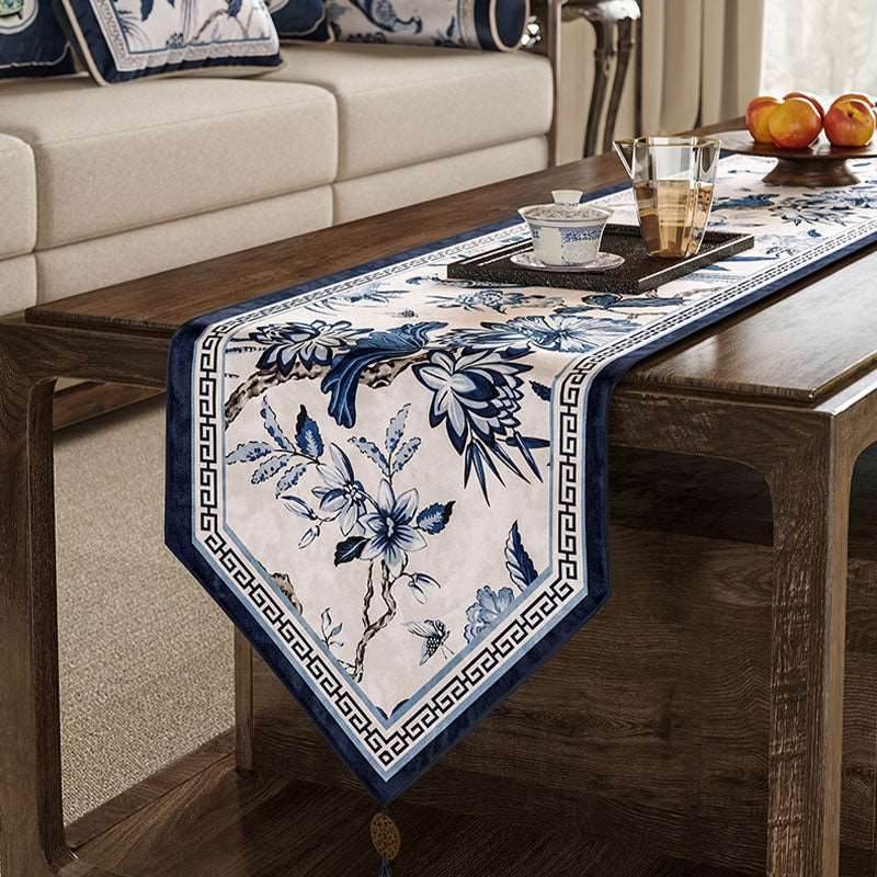 Chinoiserie Traditional Blue and White Long Table Runner - SinoCultural -- TR006BW160 -
