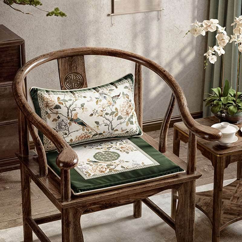 Chinoiserie Warm Spring Dark Green Flower and Birds Chair Cushion - SinoCultural -- SC012A38 -