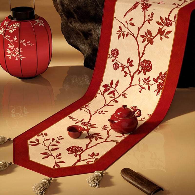 Chinoiserie Wedding Luxe Flower and Bird Red Table Runner - SinoCultural -- TR003RW160