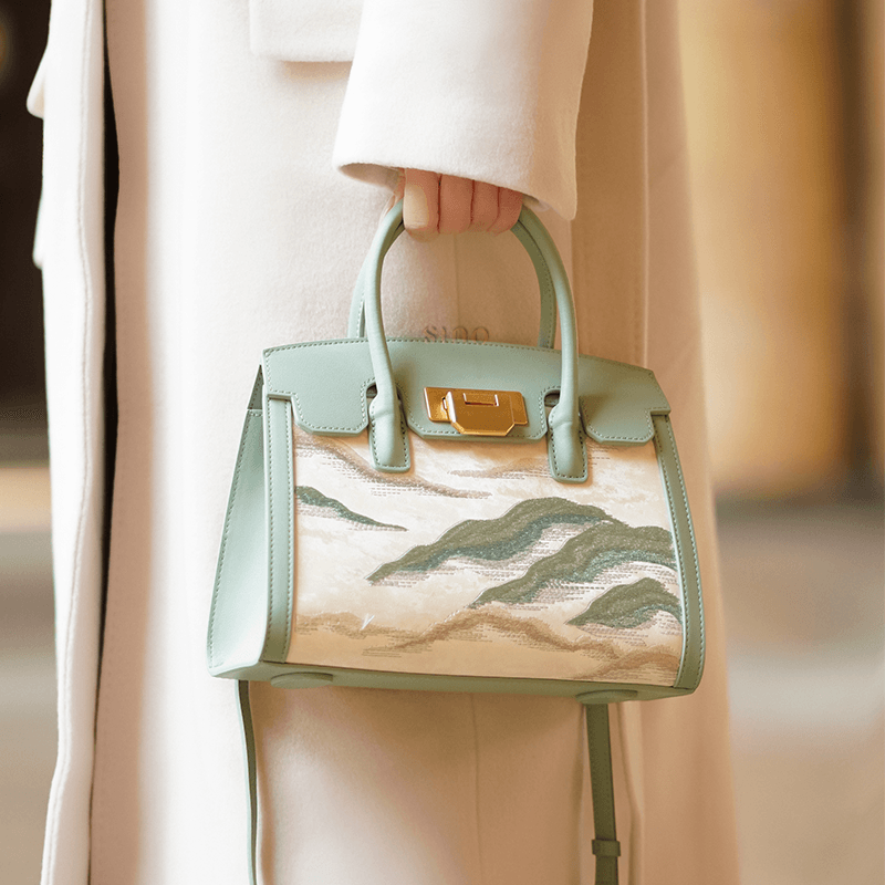 Embroidery Leather Elegant Birkin Handbag Cloud Mountain - SinoCultural -- P120659-1 -