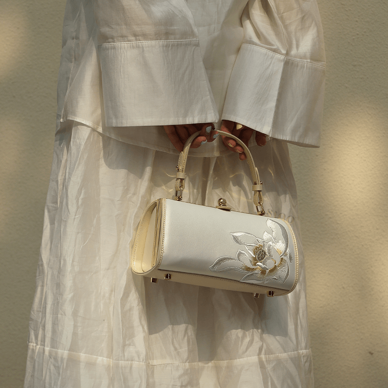 Embroidery Leather White Shoulder Bag Lotus Elegant Handbag - SinoCultural -- P120312 -